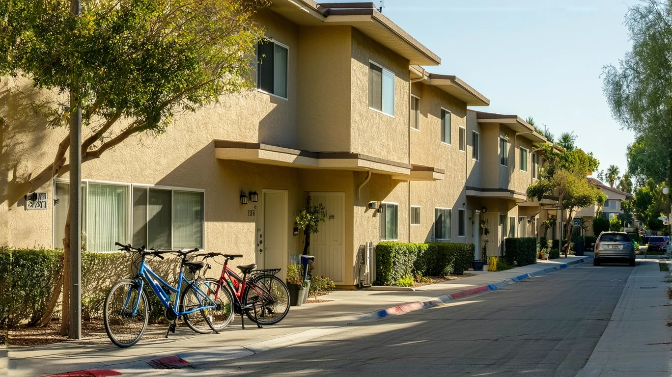 An apartment building with a shaded walkway, potted plants, and two bicycles resting against the railing.
