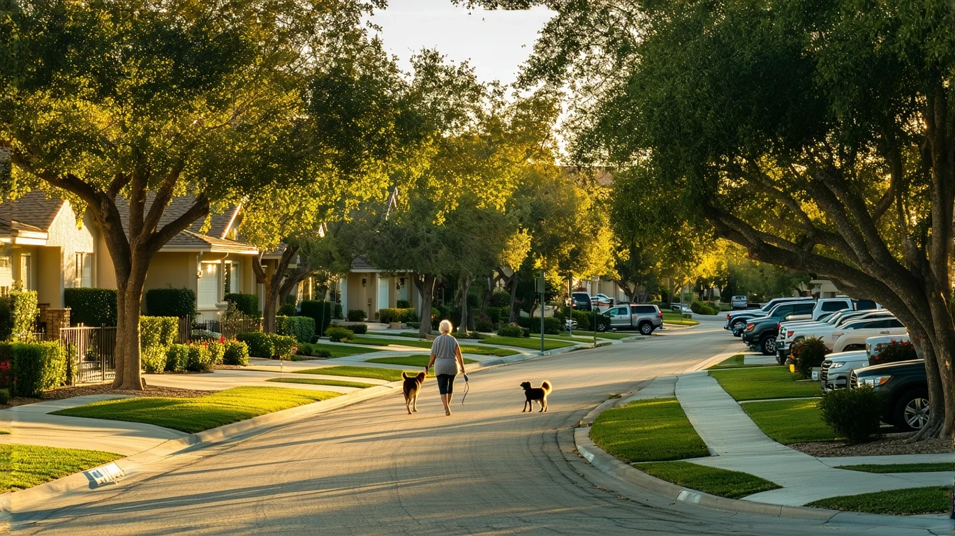 A sidewalk curving under oak trees in a Menifee neighborhood, with houses visible through the leaves.