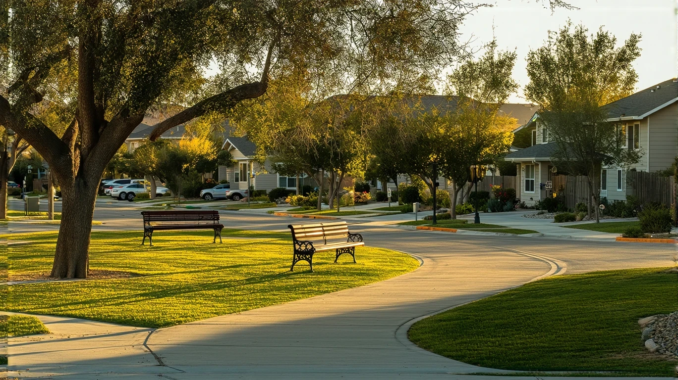 A quiet neighborhood park with oak trees, empty benches, and ranch houses visible in the background during golden hour in Menifee, California.