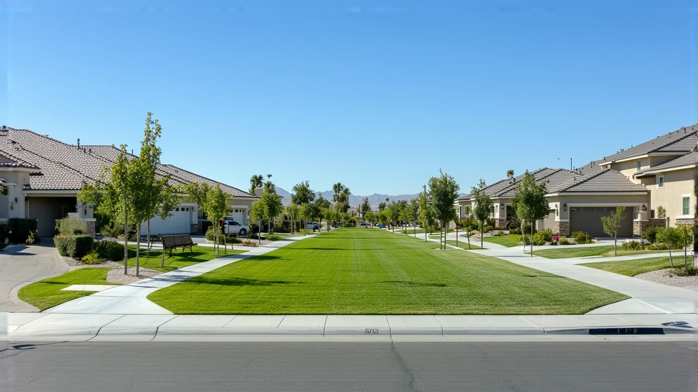 A neighborhood park with a path, bench, and homes visible across the street in Menifee, California.