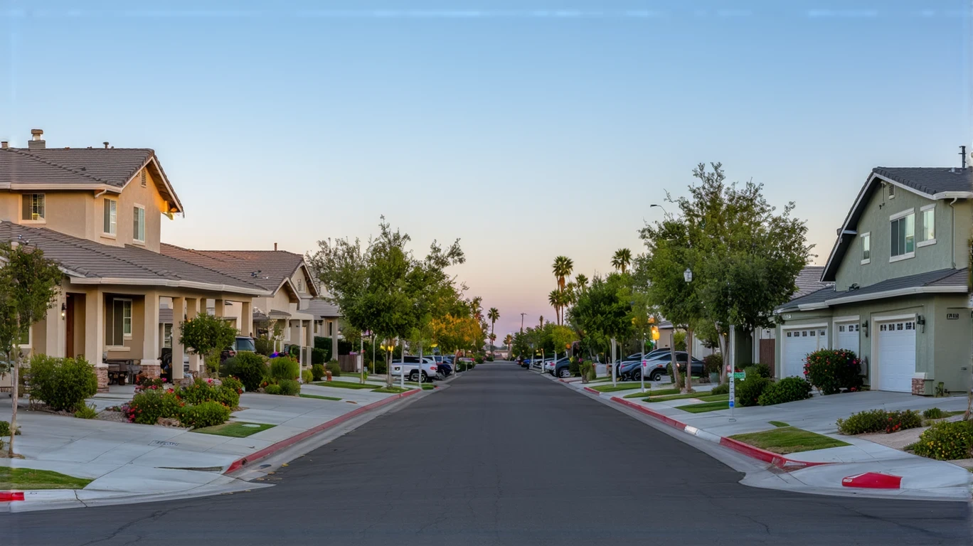 A residential street in Menifee, California at dusk, with homes and small businesses lining the sidewalks.
