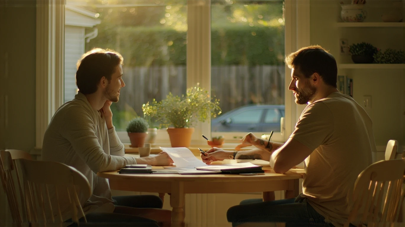 A couple sits at their kitchen table looking over papers and a notebook in the warm evening light.