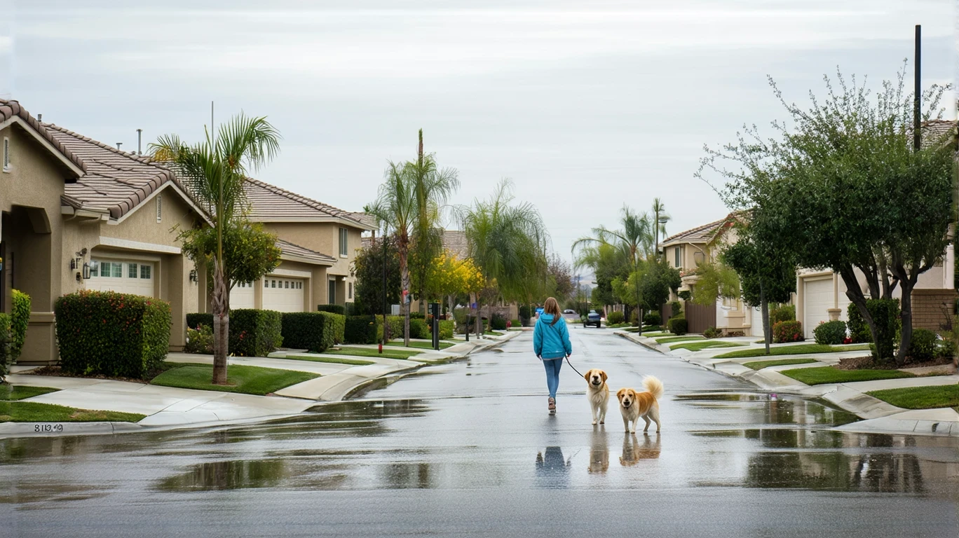 A woman walking her dog on a wet sidewalk lined with palm trees in a Menifee neighborhood after a light rain.