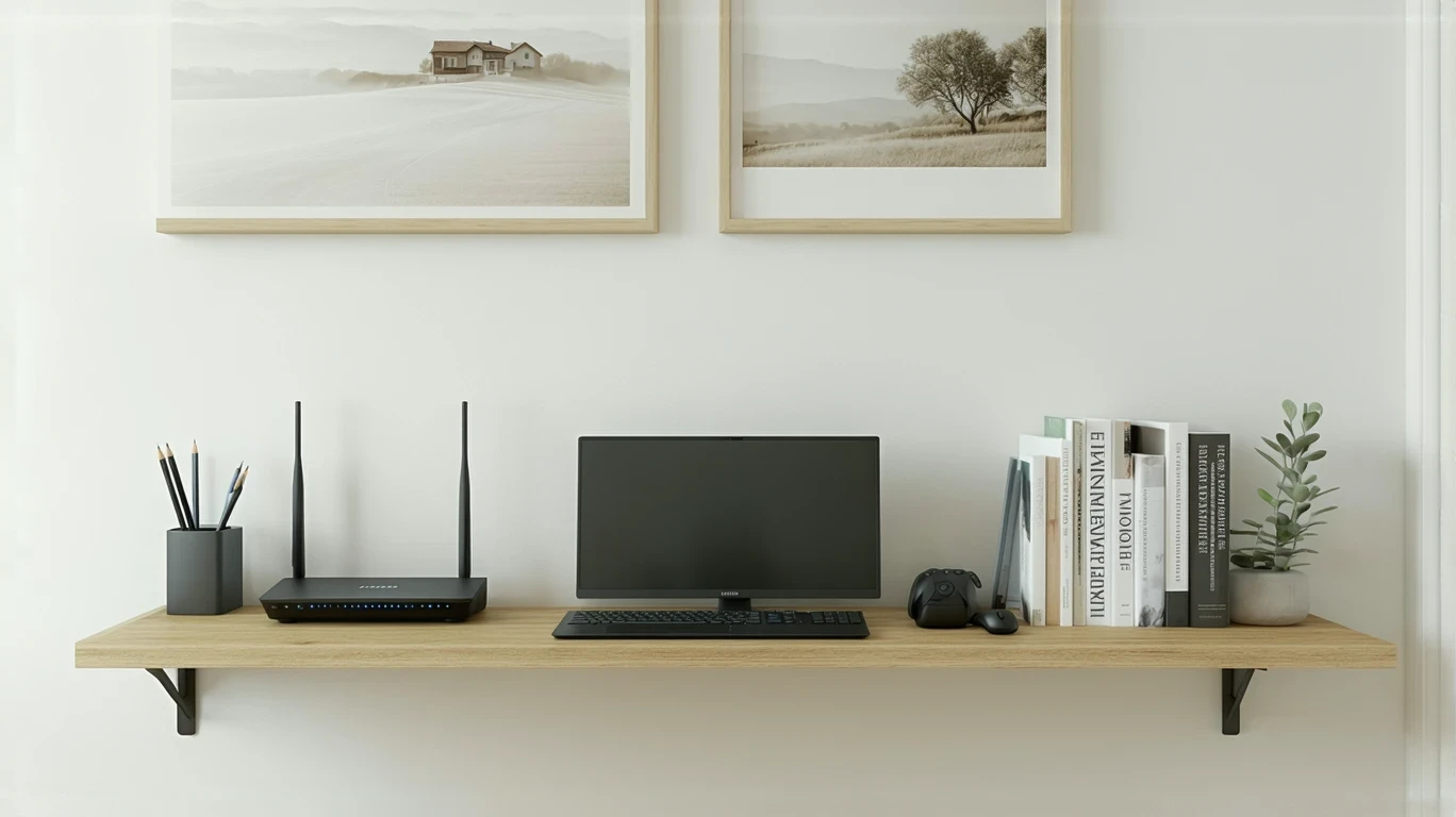A home office shelf with a router, modem, and ethernet cord connecting to a computer