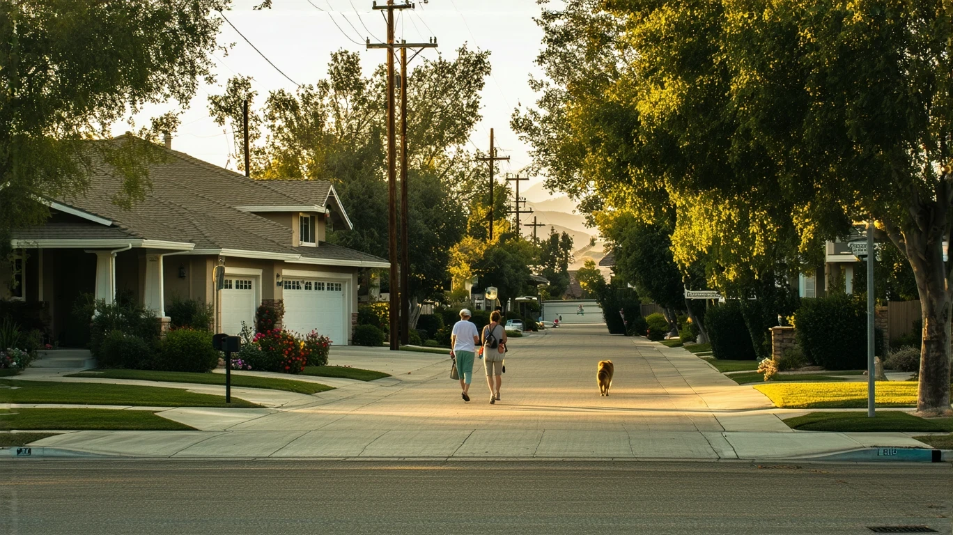 Quiet suburban street in Menifee at sunrise, woman watering plants on front porch of home