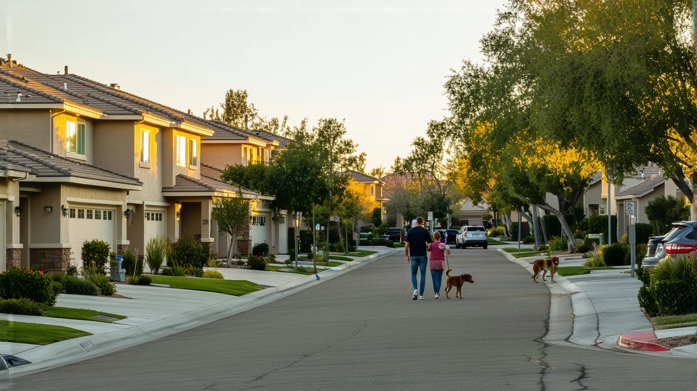 Couple walking dog on sidewalk of residential street in Murrieta, California at sunrise