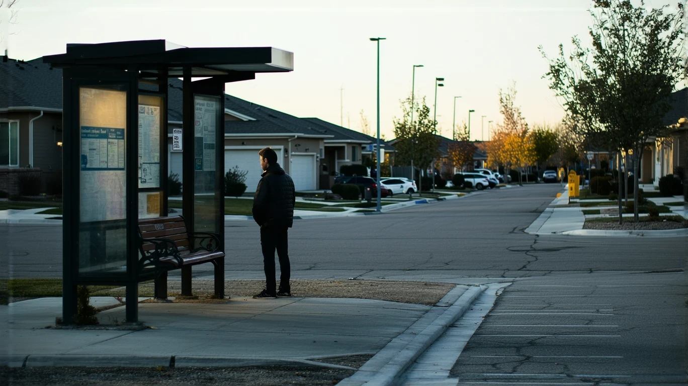 A person waiting at a bus stop shelter on a quiet suburban street at dawn.