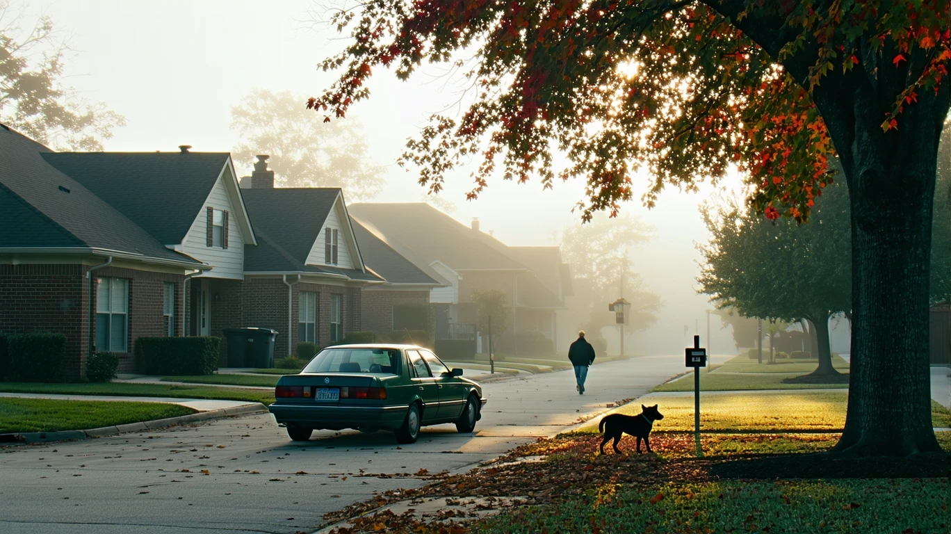 A misty suburban street in Mesquite, Texas with an old car parked under a maple tree and houses visible in the background.