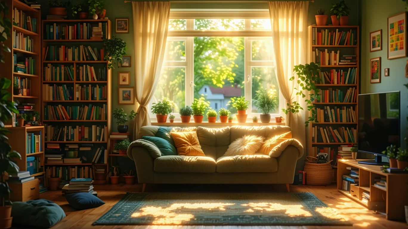 Sunlight streams into a cozy living room with a couch, bookshelf, and view of a tidy yard.