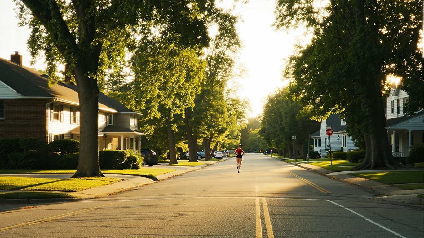 One-story homes line a suburban street shaded by trees at sunrise, with a jogger in the distance.