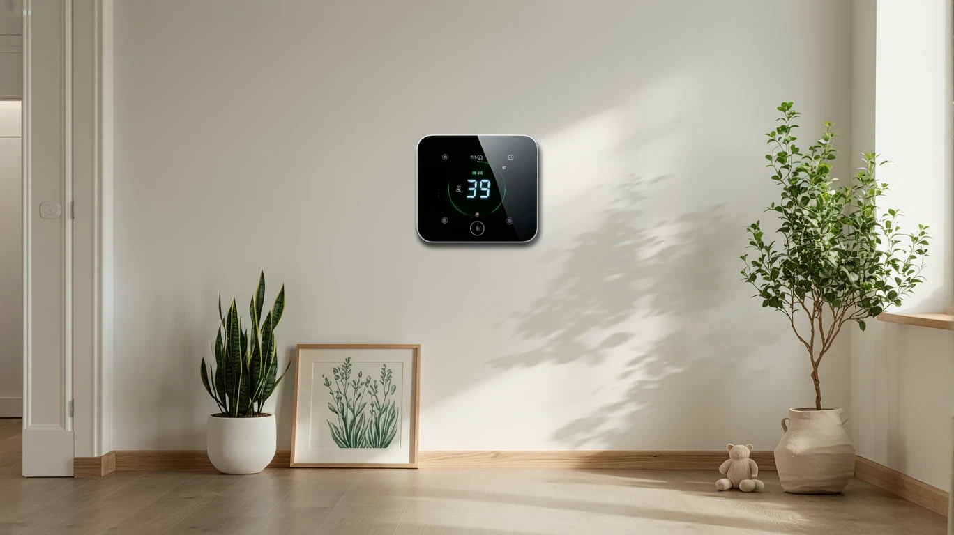 A thermostat on the wall of a sunlit hallway in a modern home.