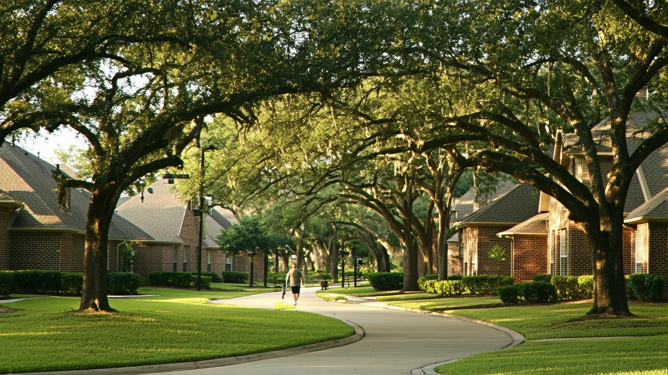 A tree-lined residential street in Mesquite, Texas with sidewalks and well-maintained homes.