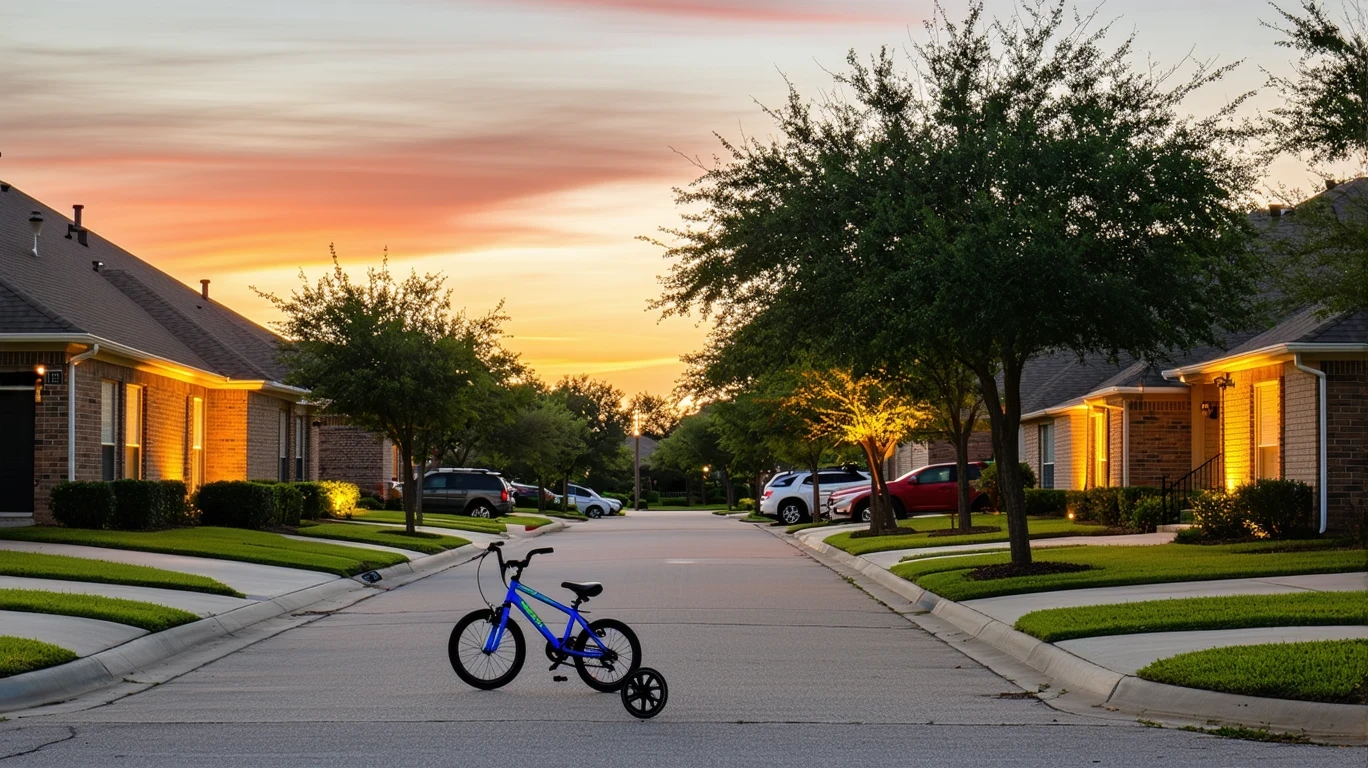 A quiet cul-de-sac in Mesquite, Texas at dusk with porch lights turning on and a child's bicycle near the curb.
