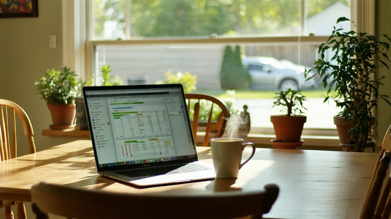 Laptop open to budgeting software on a dining room table with coffee mug nearby.