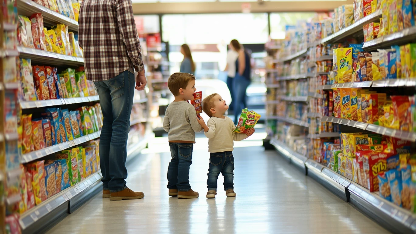 A family of three discussing cereal options in a grocery store aisle.