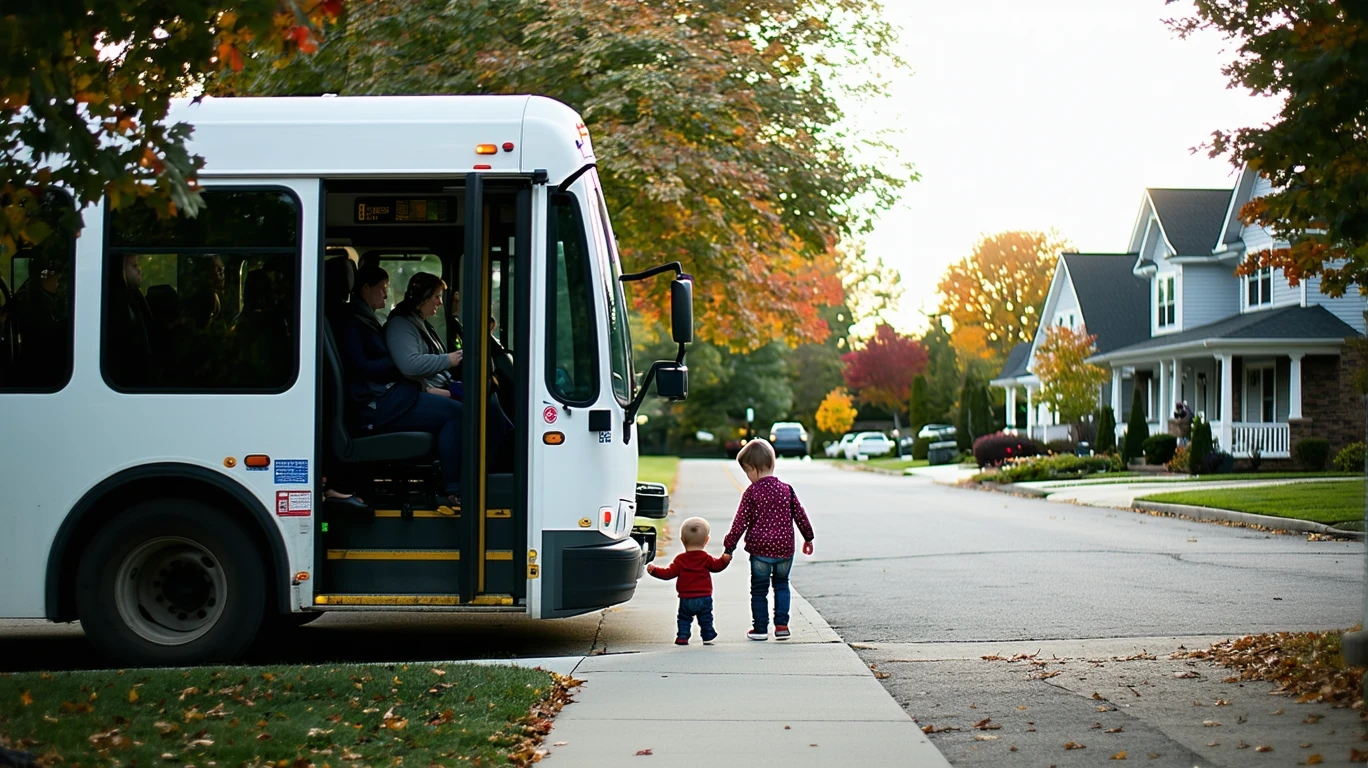 A parent and child board a city bus on a residential street lined with ranch homes and trees on a cloudy day.