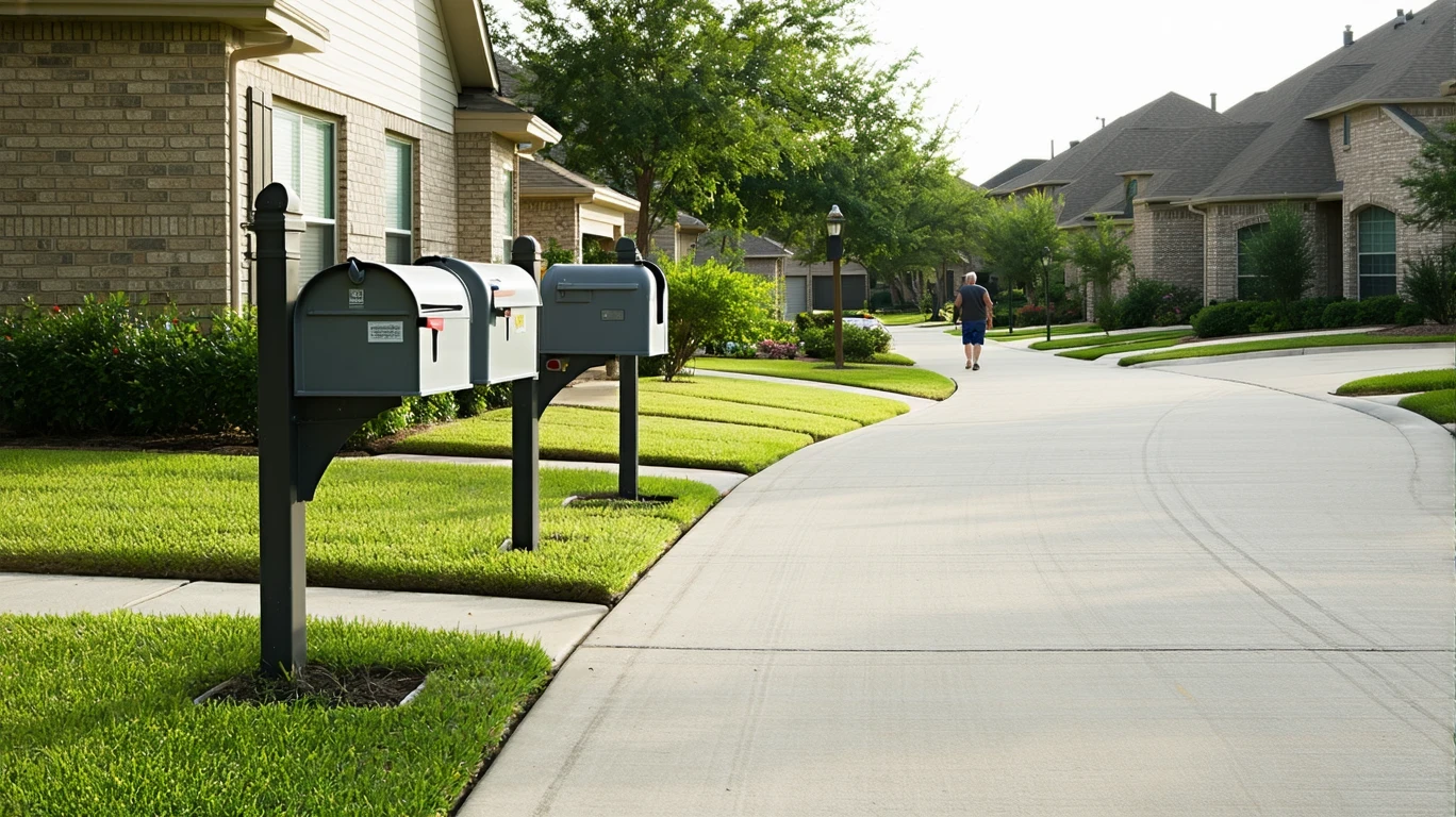 A sunlit suburban sidewalk in Mesquite, Texas with a row of gray metal mailboxes, tidy lawns, and neutral-colored single-family homes in the background.