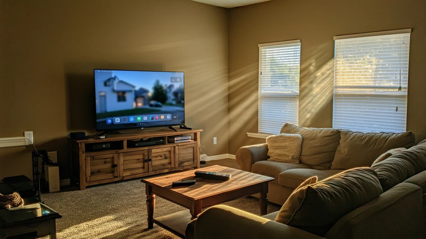 A living room with a TV showing a streaming app, illuminated by soft afternoon light filtering through the blinds.