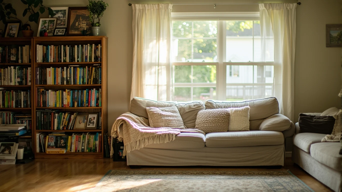 Sunlight filters into a cozy living room with a couch and bookshelf in a modest suburban home.