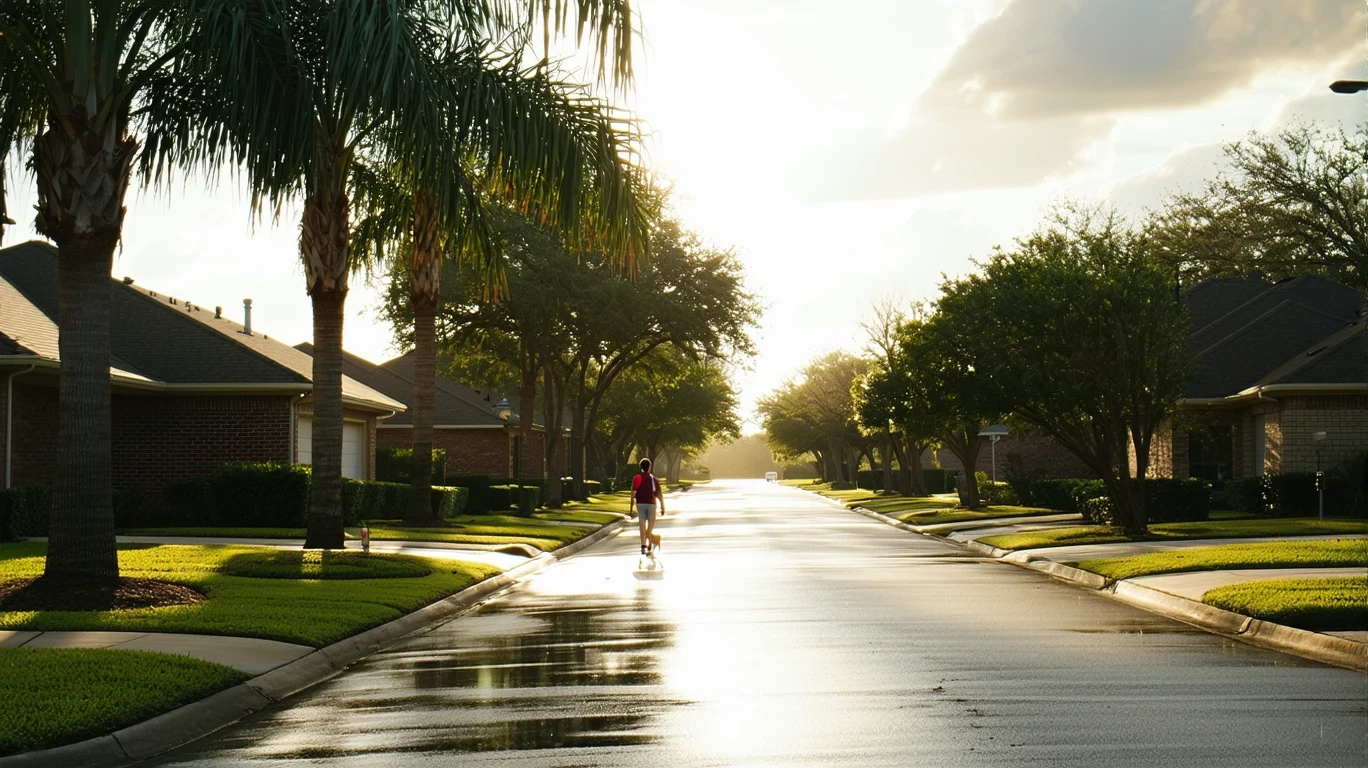 A palm tree-lined street in Mesquite, Texas with a person walking a dog on the sidewalk and houses visible in the distance.