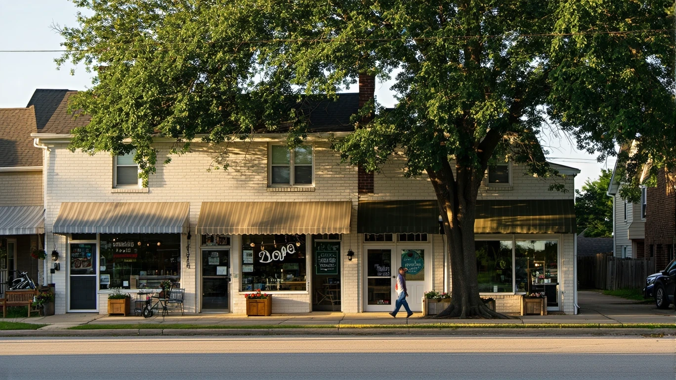 A quiet neighborhood street in Mesquite, Texas lined with small shops and single-family homes at dusk.