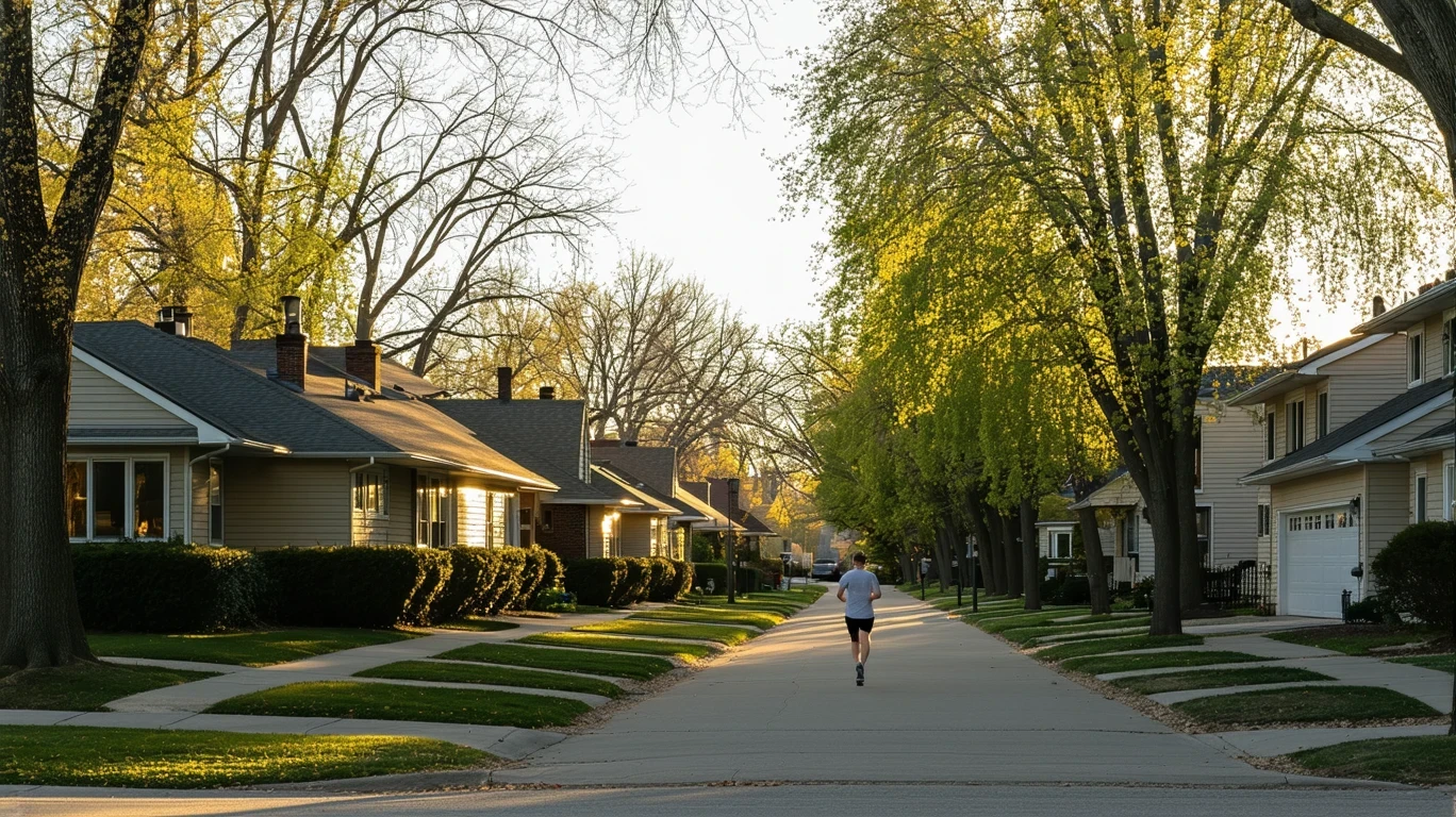 A tree-lined residential street in Minneapolis at sunrise, with modest homes and a jogger in the distance.