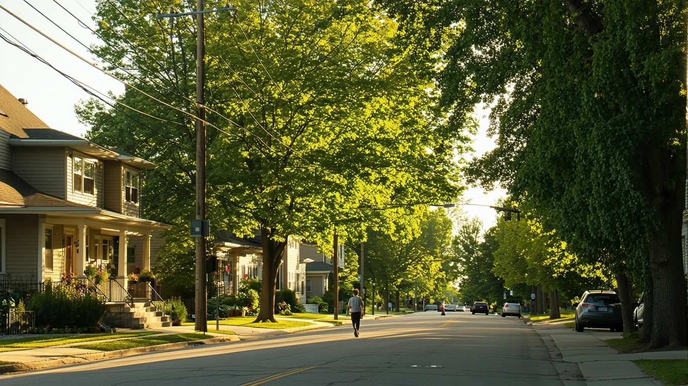 A tree-lined residential street in Minneapolis on a sunny day, with a pedestrian walking on the sidewalk.