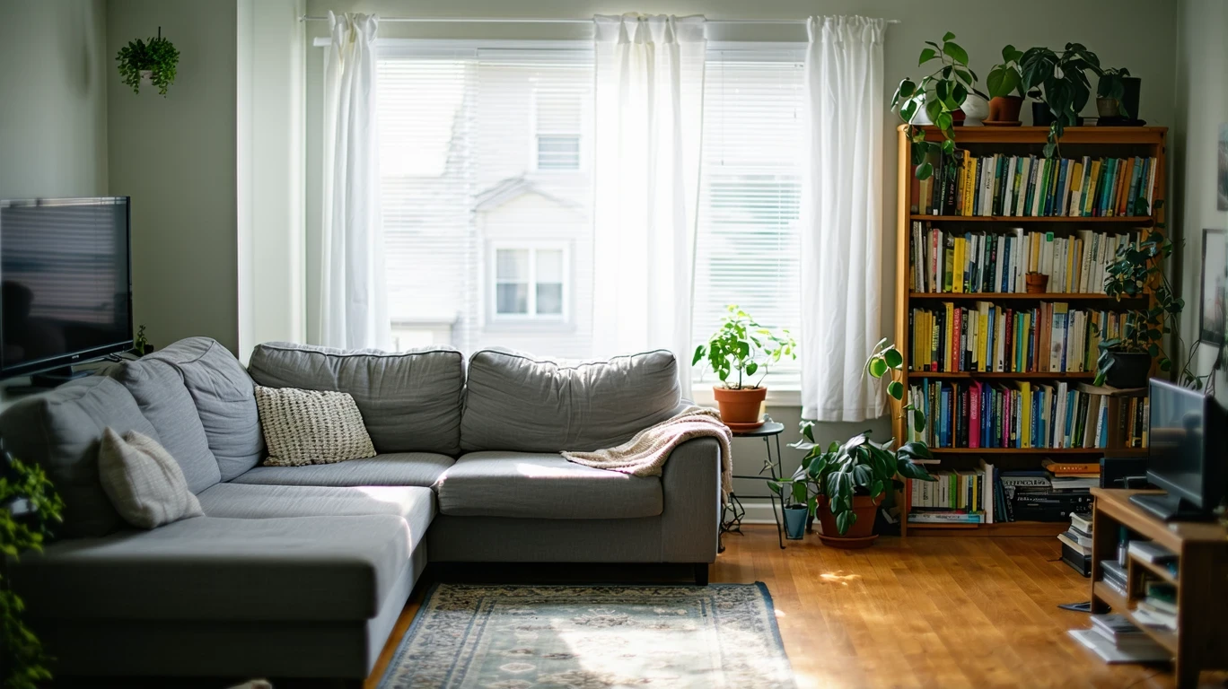 A small, simply furnished living room in Minneapolis with a couch, bookshelf, and warm natural light coming through sheer curtains.