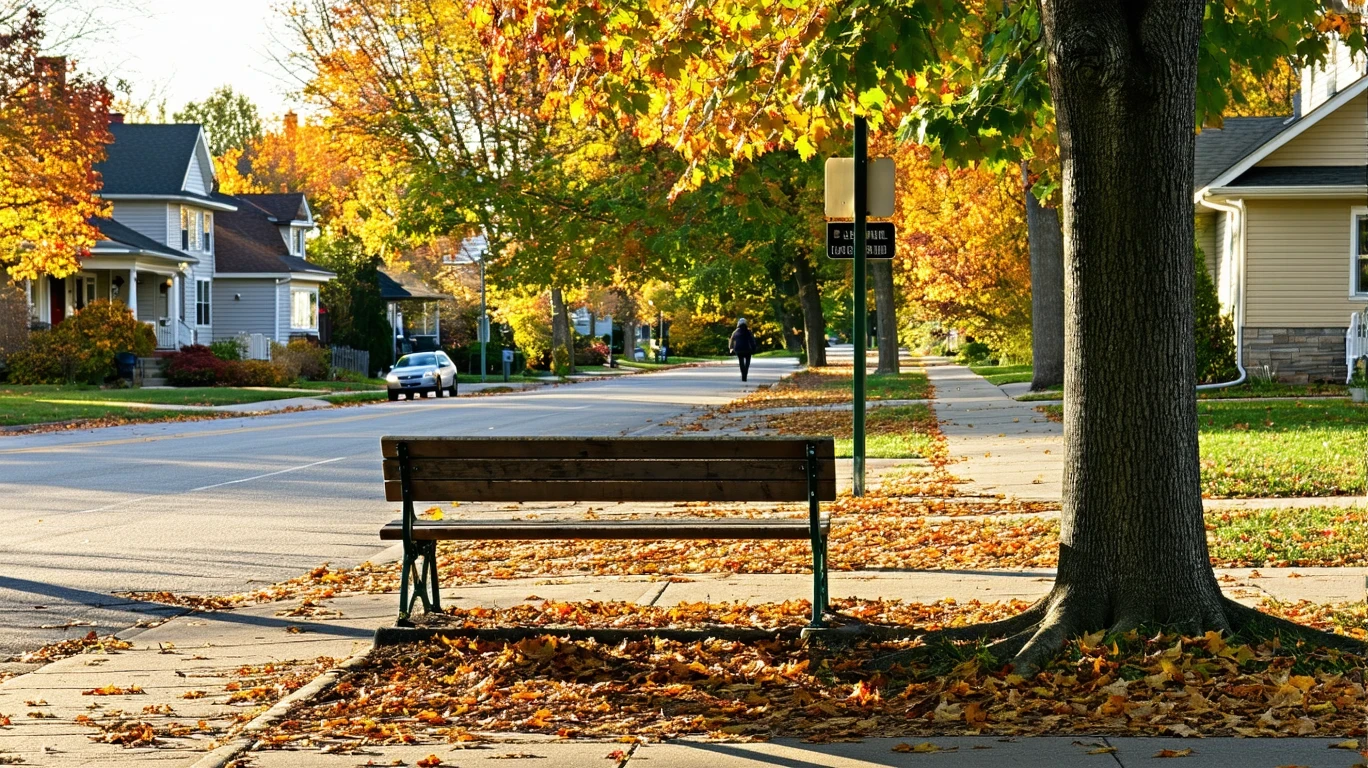 An empty wooden bench at a suburban bus stop with fallen autumn leaves on the sidewalk.