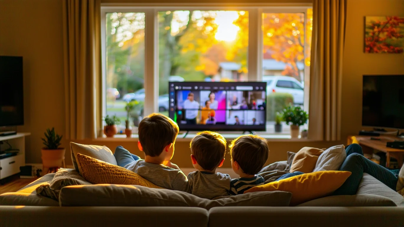 A family of three relaxing on the couch watching TV in a cozy Minneapolis living room.