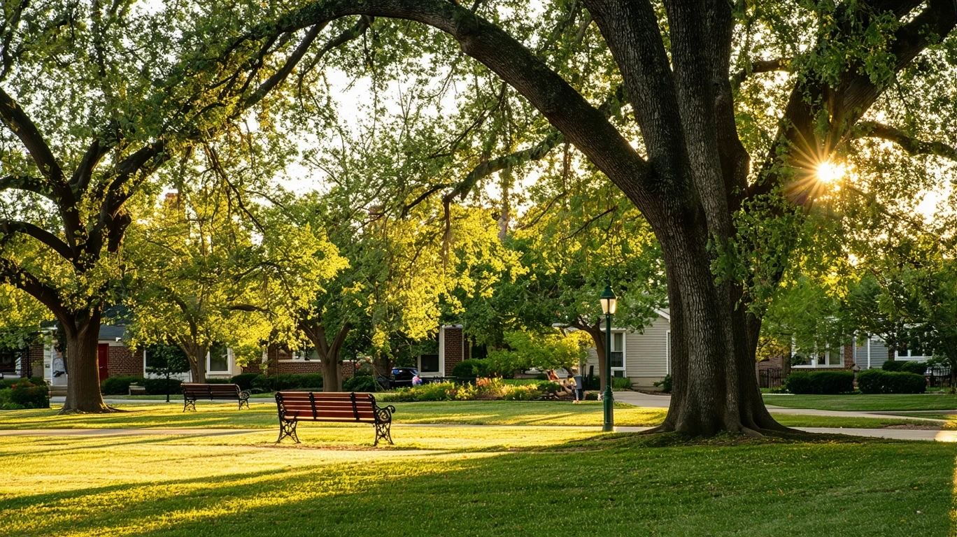 A tranquil park lawn under oak trees, with empty benches in the warm afternoon light in Minneapolis.