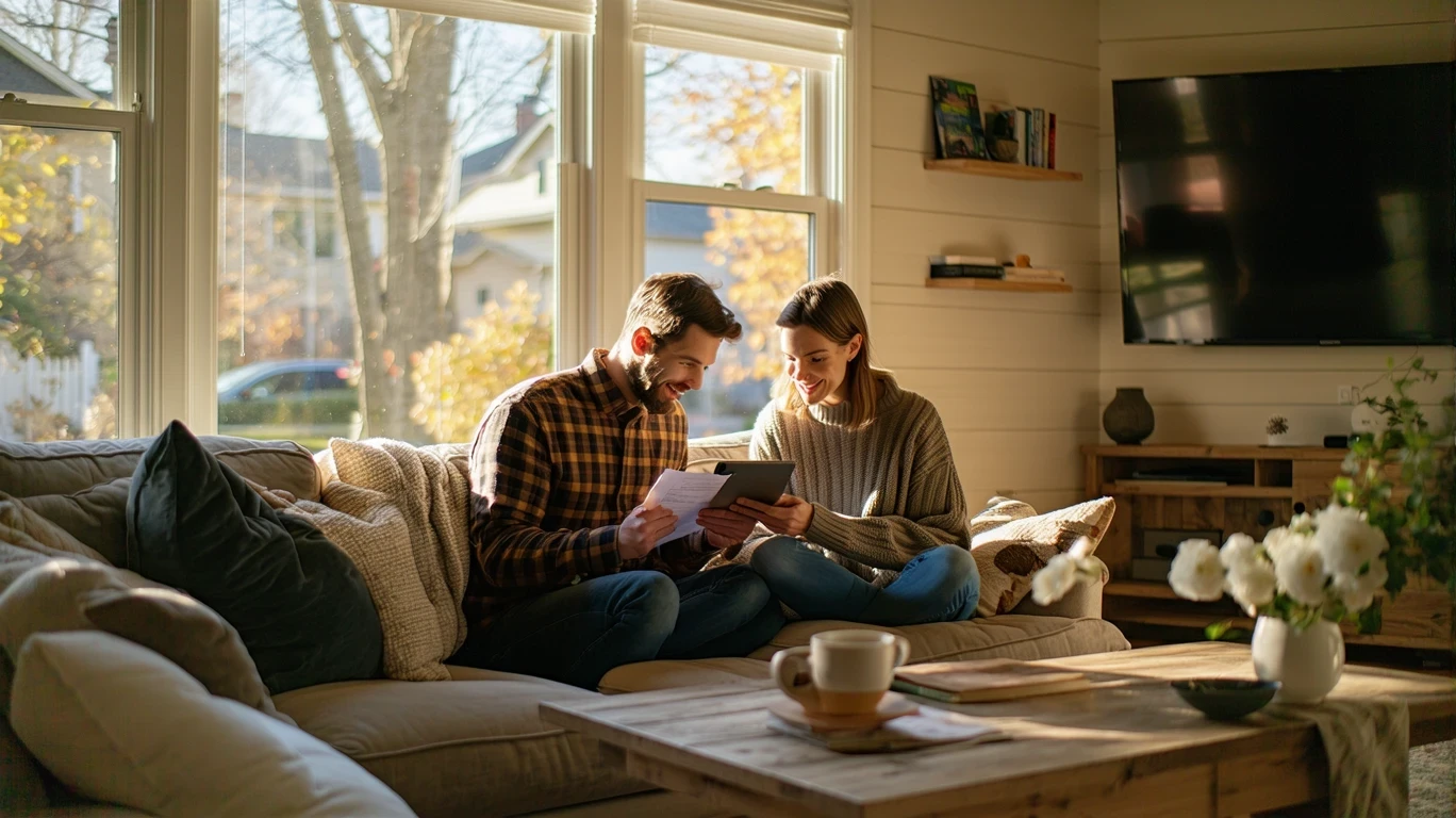 A couple reviewing finances together on a couch in a warmly lit living room.