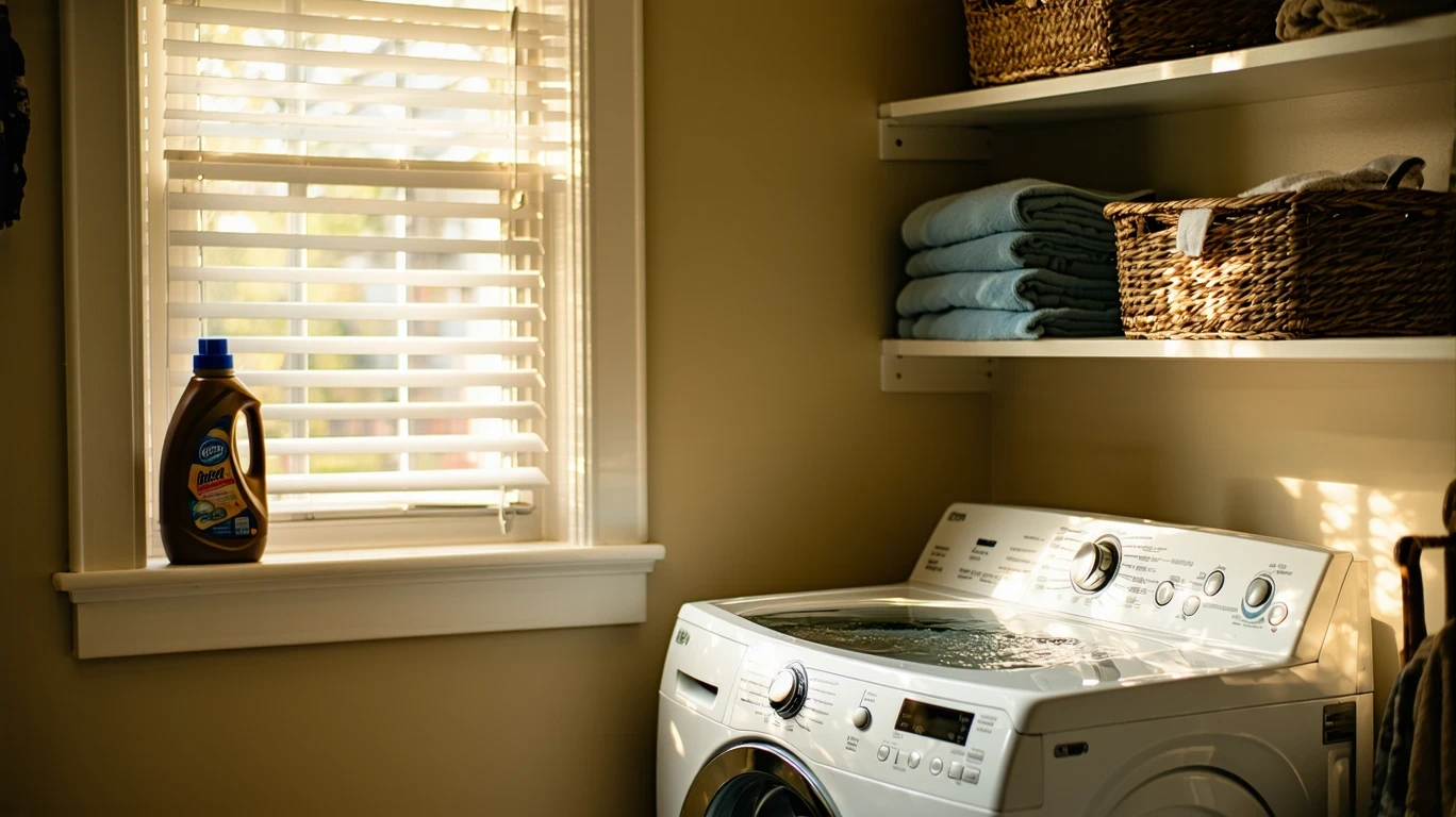 A top-loading washing machine in the middle of a cycle, with an open lid showing the inside of the drum. A detergent bottle sits on a nearby laundry room shelf.