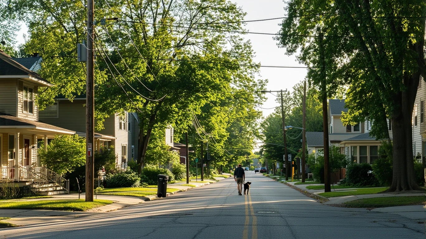 A tree-lined residential street in Minneapolis on a sunny day, with telephone wires overhead and a person walking a dog in the distance.