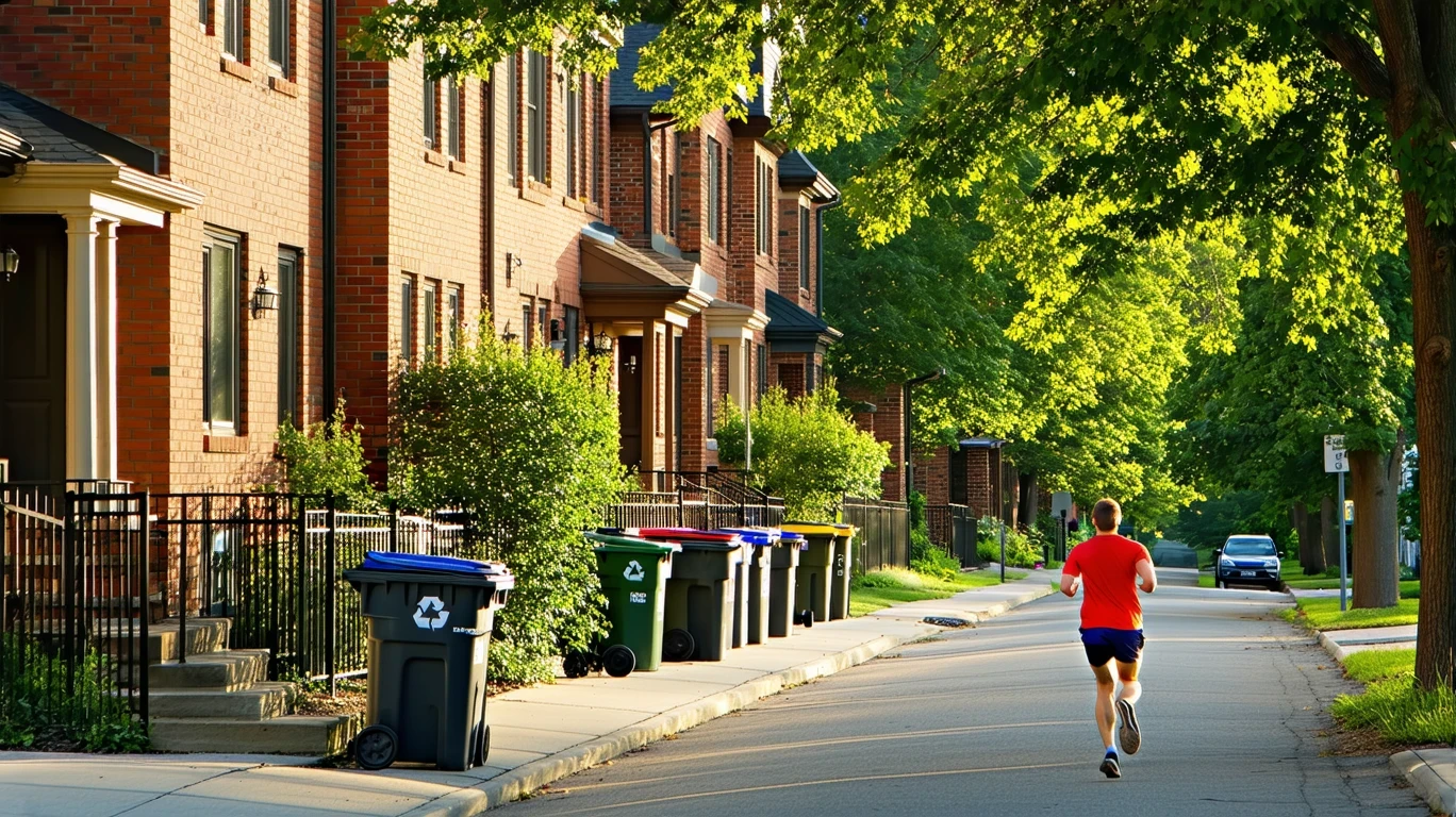A tree-lined residential street in Minneapolis with red-brick homes and garbage bins out for pickup. A jogger runs past.