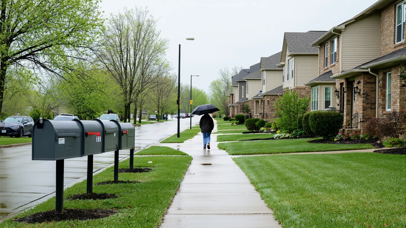 A suburban street in Minneapolis with a curved sidewalk, mailboxes, and a person walking in the distance on a cloudy day.