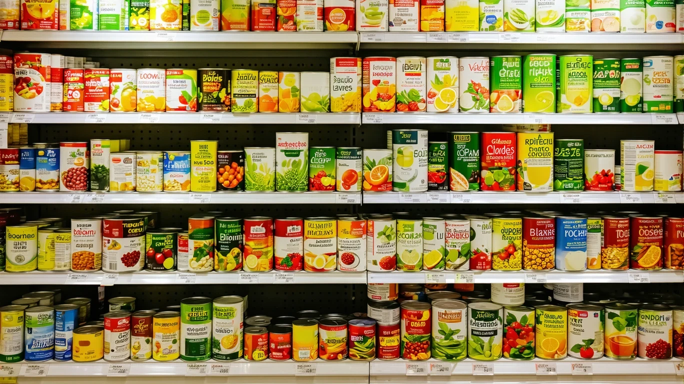 A fully stocked shelf of canned goods in a small, brightly lit Minneapolis grocery store.