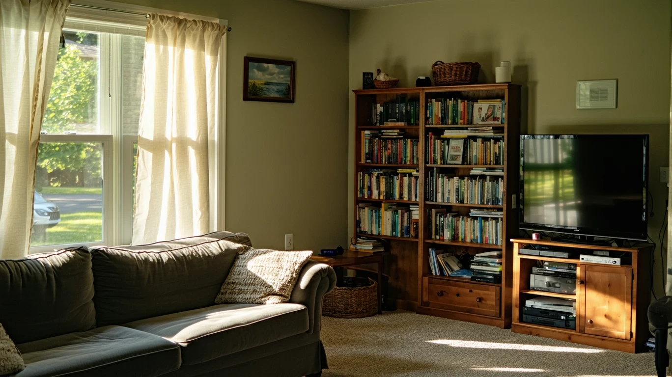A sunlit living room in a small apartment with a couch and bookshelf.
