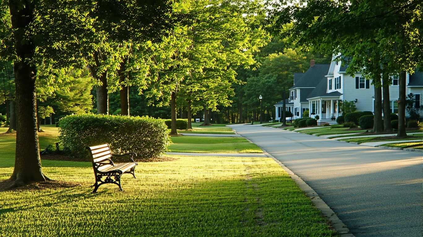 A neighborhood park in Mint Hill, North Carolina with a path, bench, and homes visible across the street.