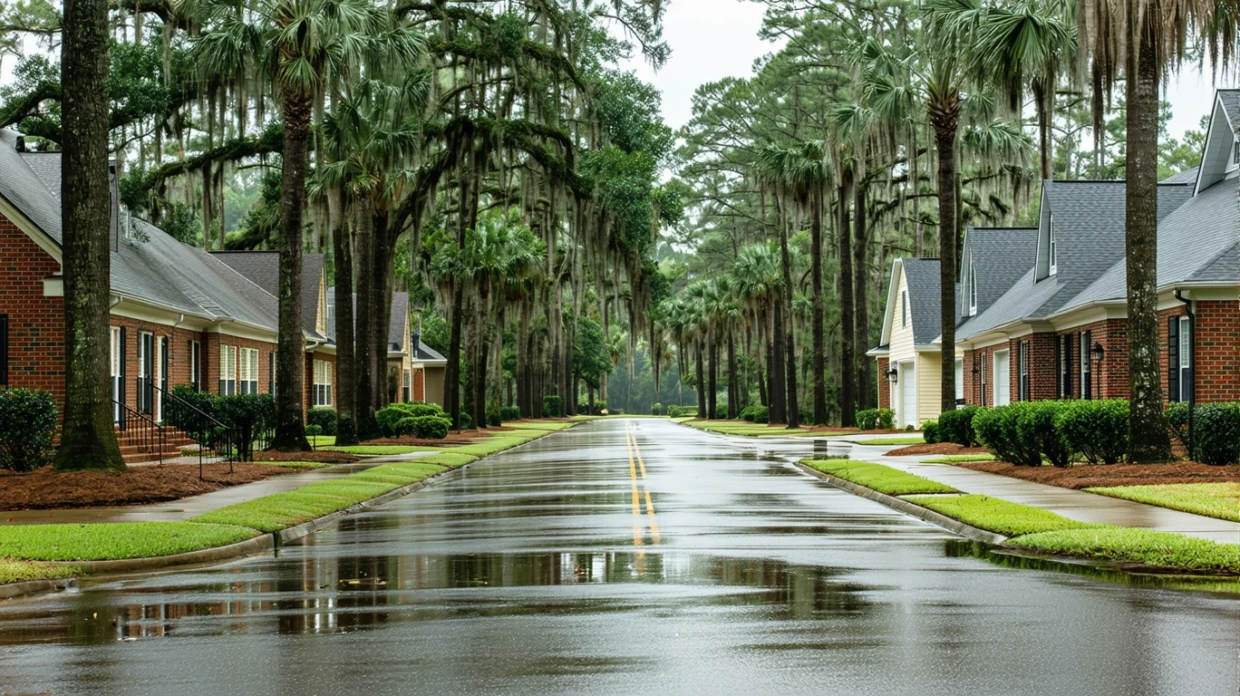 A tree-lined residential street in Mint Hill, NC with palm trees reflected in puddles on the sidewalk after a rain shower.