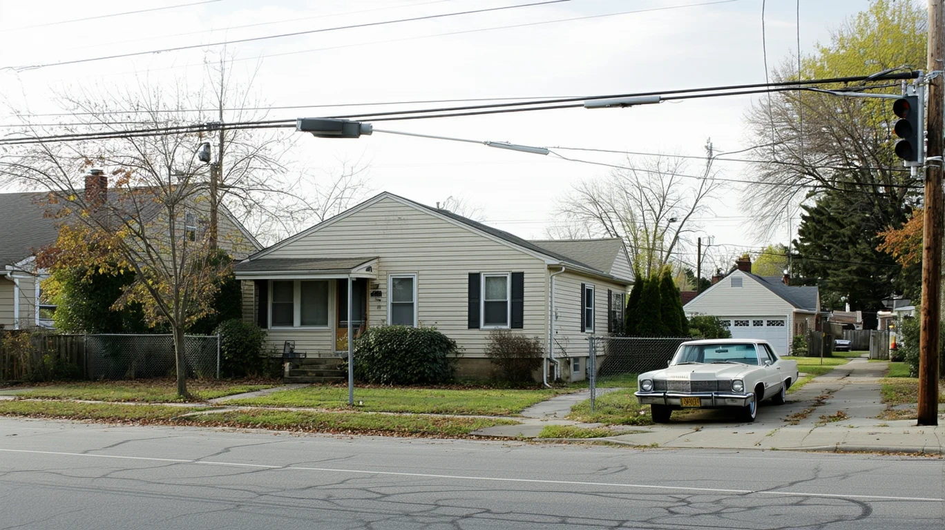 A residential street corner in Rock Hill, SC with an older car parked on the curb and small single-story homes.