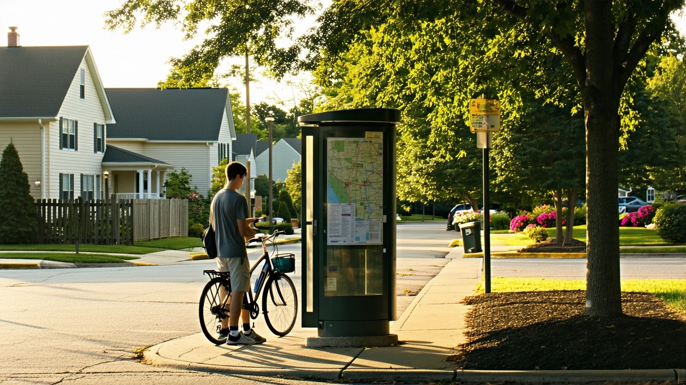 A man looking at a transit map on a kiosk while his bike rests against a pole on a suburban street.