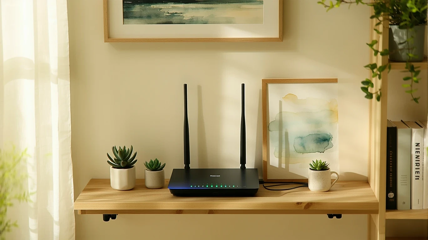 A tidy router and modem setup on a shelf in a home office, with soft natural lighting and neutral decor.
