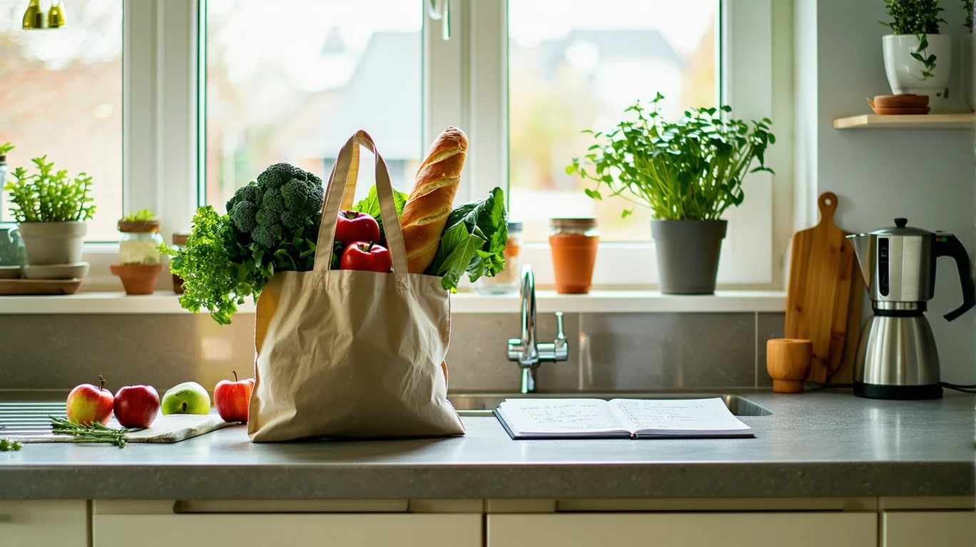 A grocery bag filled with fresh produce next to a shopping list and receipts on a kitchen counter.