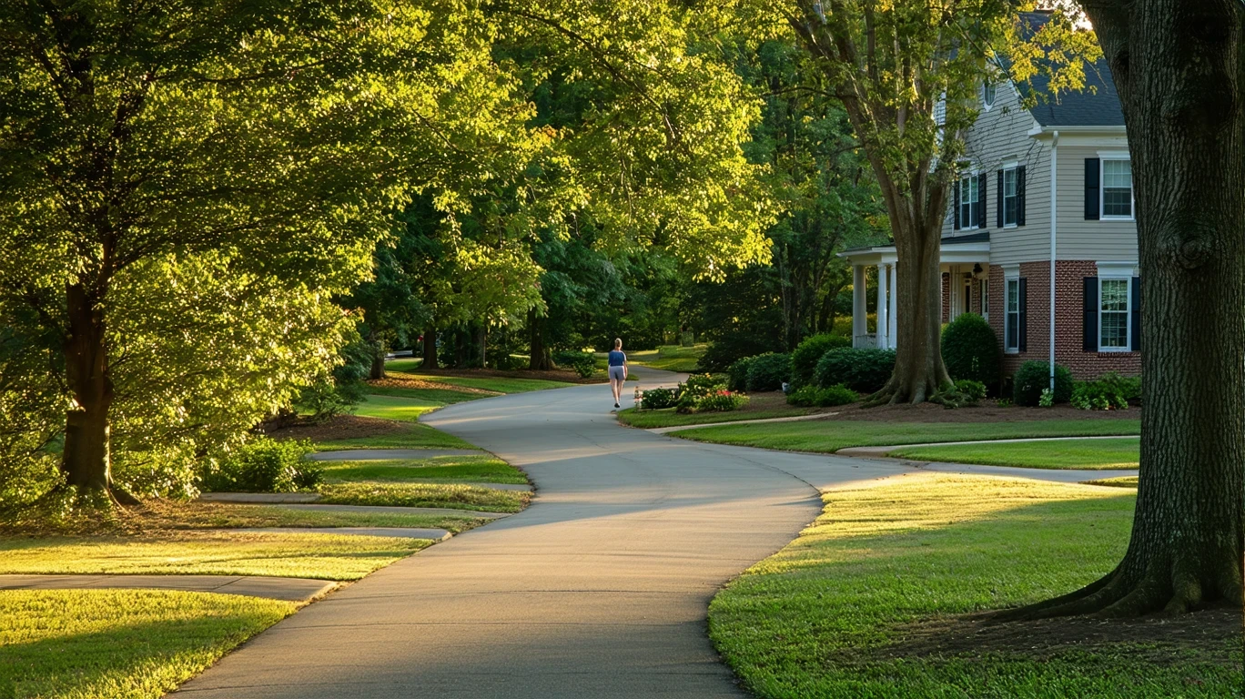 Tree-lined sidewalk curving through a tidy suburban neighborhood with brick homes visible through the foliage.