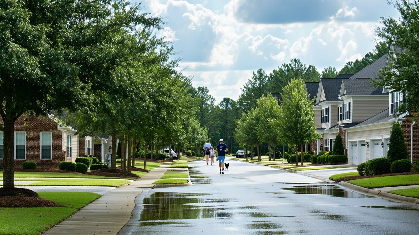 A tree-lined suburban street in Mint Hill, NC on a sunny day after a brief rain shower. Puddles reflect the palm trees and sky.