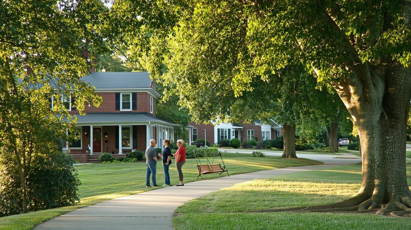 A sidewalk winds under tall trees in a Gastonia neighborhood, with homes visible through the leaves where the road curves.