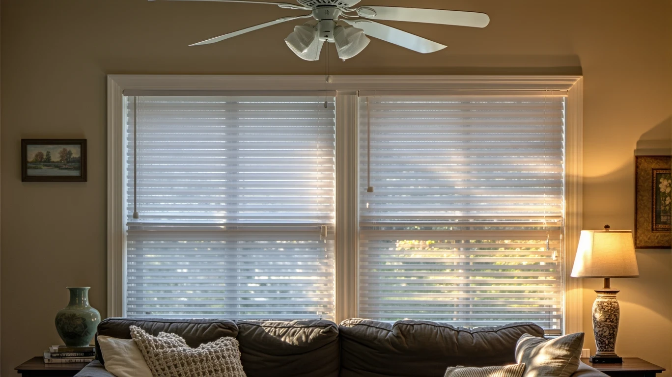 Person adjusting blinds to block sunlight in a cozy living room with a ceiling fan.