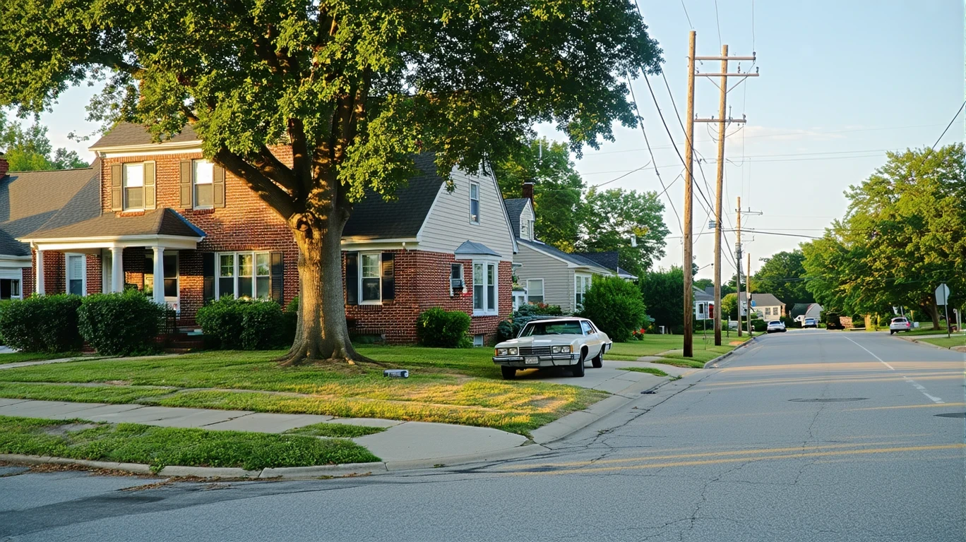 A residential street corner in Mint Hill with modest homes, an old car parked on the curb, patchy lawns, and overhead power lines.