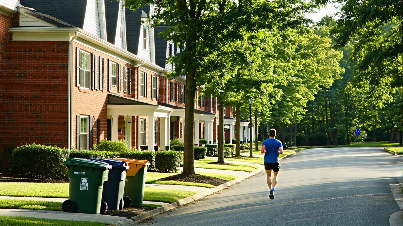 A peaceful suburban street in Mint Hill, North Carolina lined with red-brick homes and trees, with a jogger on the sidewalk.